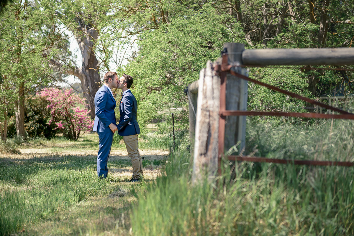 boys kissing during same sex wedding at collingrove homestead