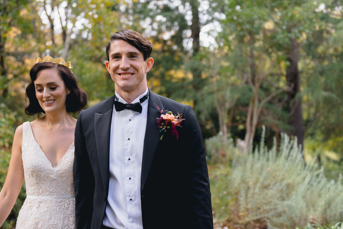 bride and groom in autumn