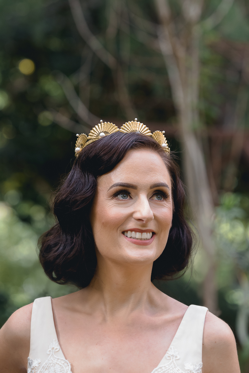 bride looking up on autumn wedding day