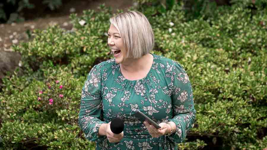 Adelaide wedding celebrant Victoria Edwards laughing at ceremony, photographed by Wilson and Lewis Photography